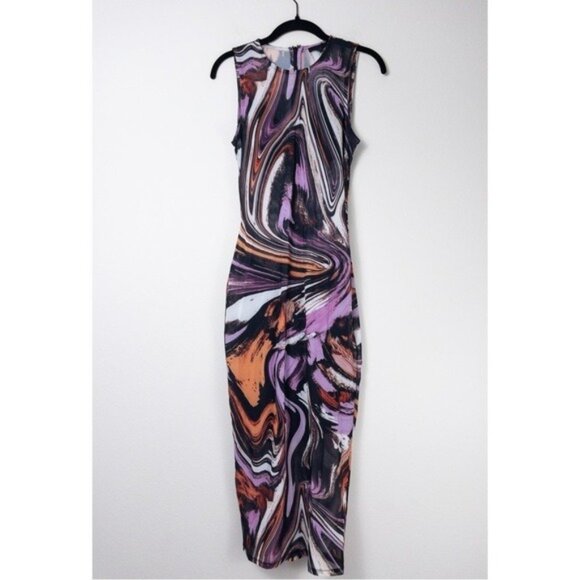NEW h:ours L'Opera Mesh Sheer Midi Dress S Fuchsia Swirl Sleeveless - Picture 3 of 11